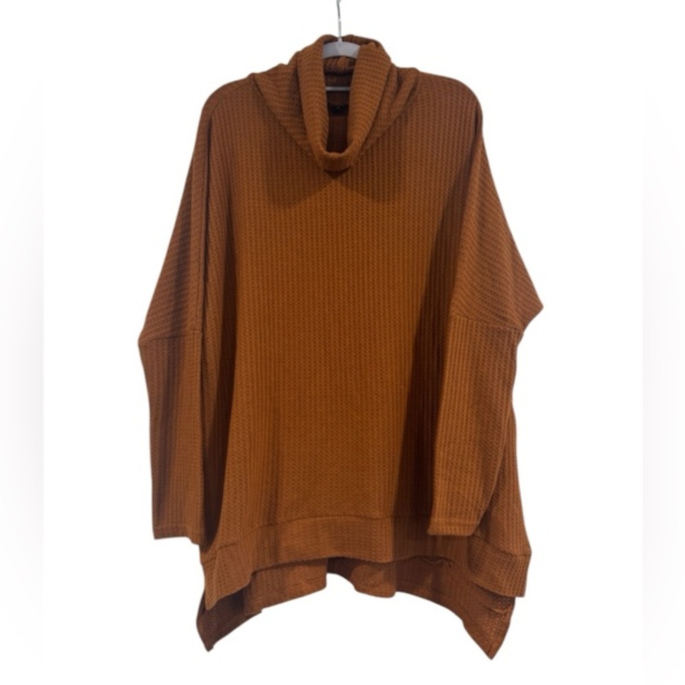 Women's Long Sleeve Waffle Tunic Batwing Oversized Sweater Rust Orange Small